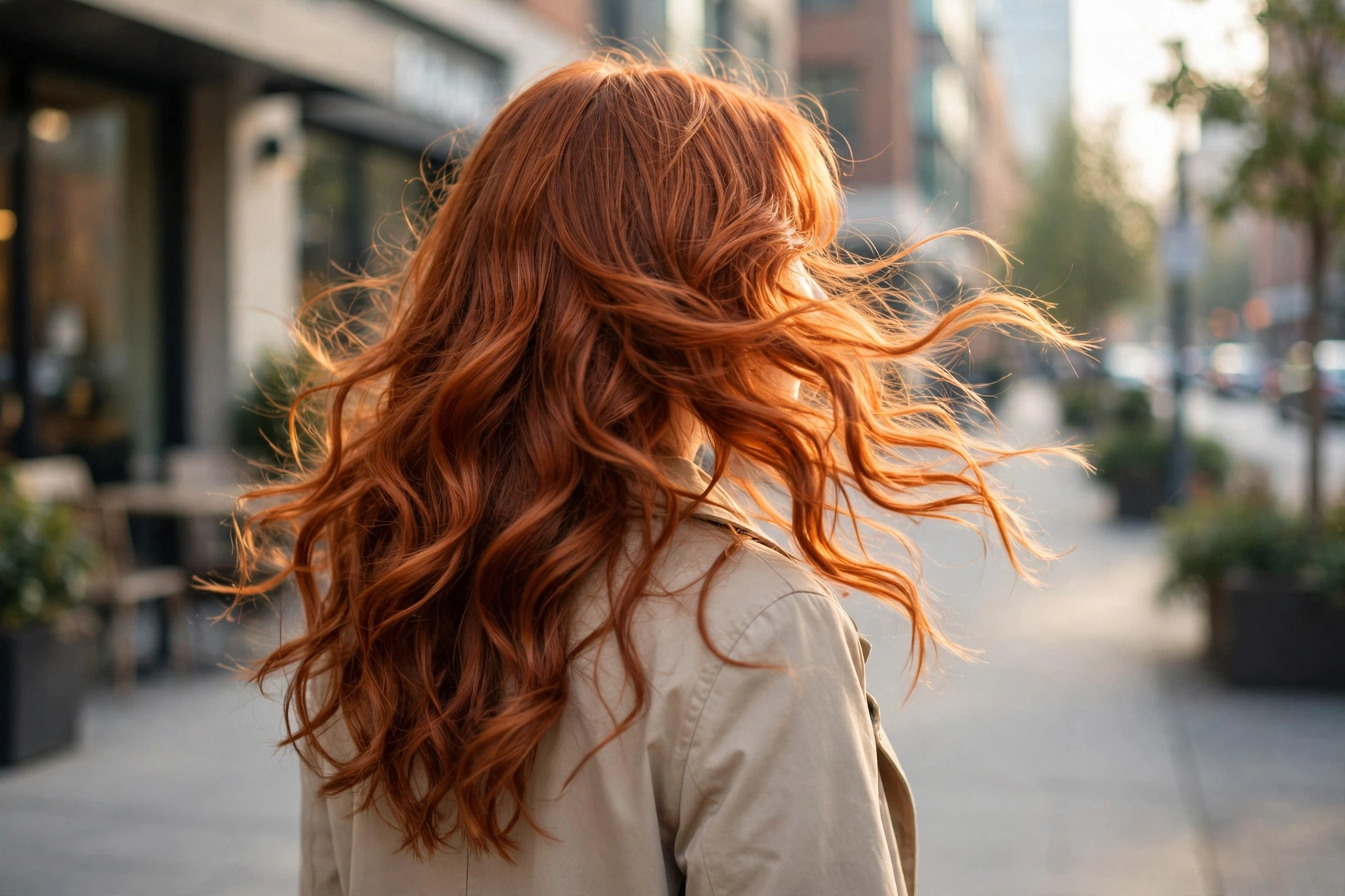 long loose fiery copper waves outdoors on a city sidewalk in soft morning light, beige coat, back three-quarter angle