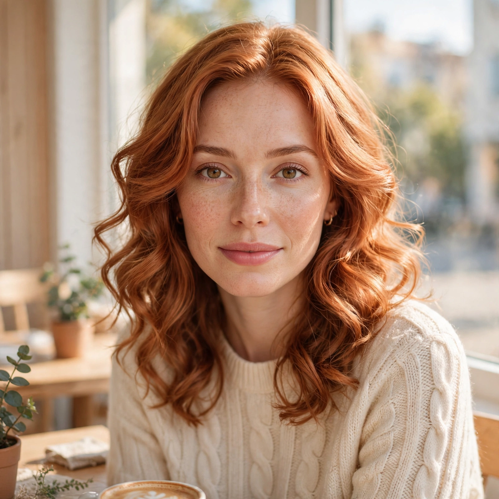soft copper shimmer hair in gentle curls, bright café by a window, front-facing portrait