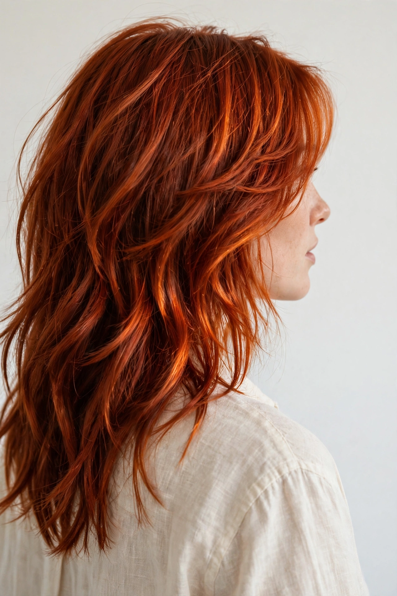 deep copper flame hair in a layered cut, bright studio, plain light background, over-the-shoulder angle