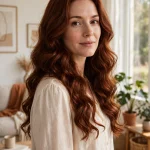 long wavy classic rich auburn hair, bright airy living room near a window, soft cream blouse, three-quarter view