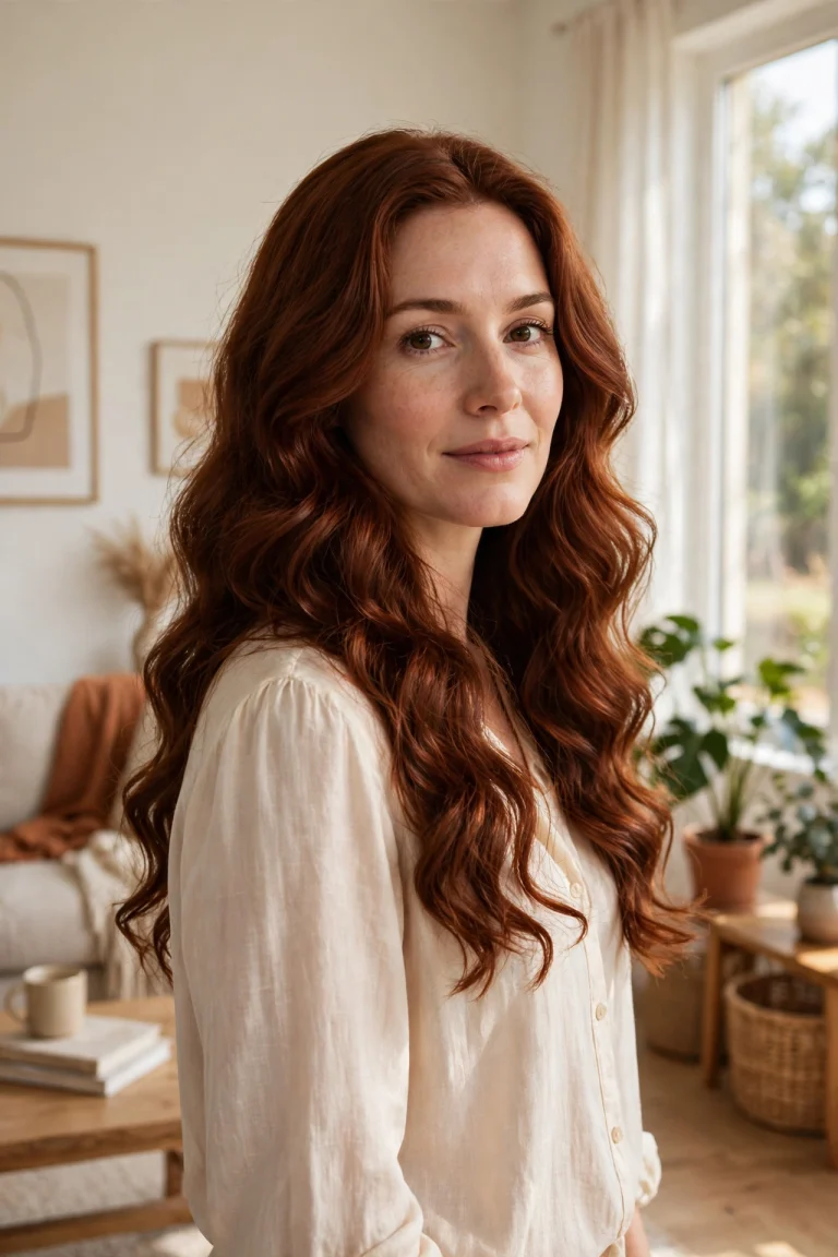 long wavy classic rich auburn hair, bright airy living room near a window, soft cream blouse, three-quarter view