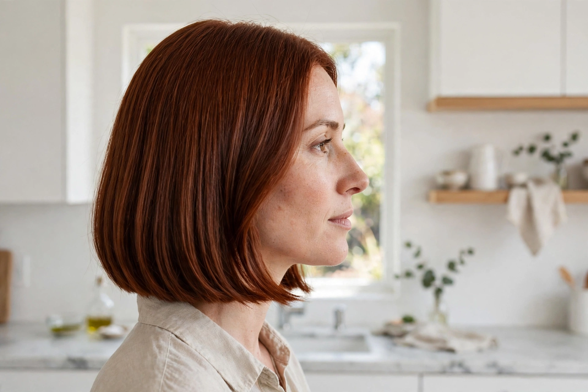 rich auburn bob, smooth straight hair, bright modern kitchen with white walls, side view