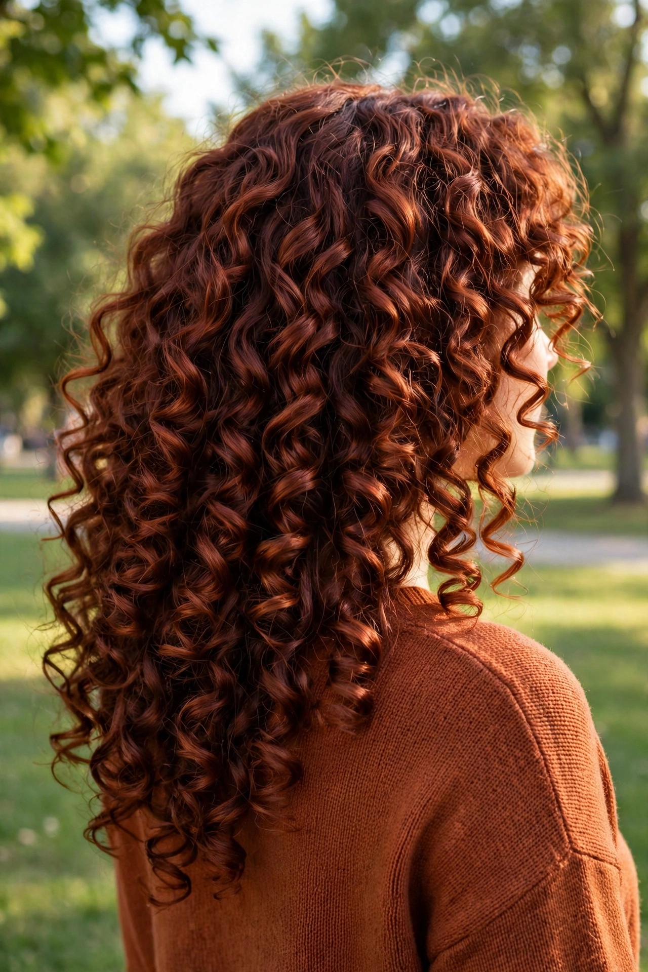 deep auburn curls outdoors in a bright park in soft afternoon light, rust-colored sweater, back three-quarter angle