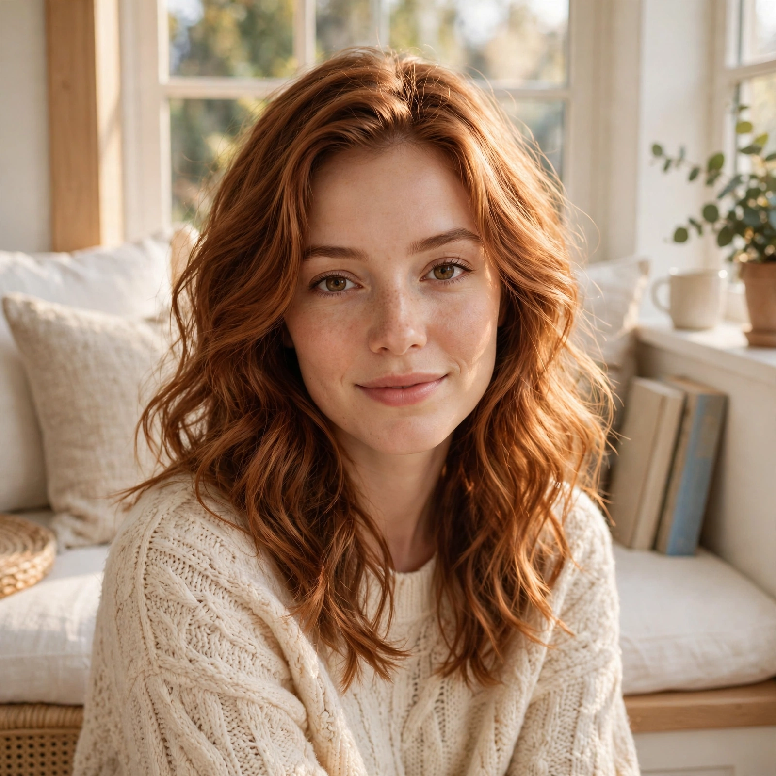 soft auburn glow hair in loose waves, bright reading nook by a window, front-facing portrait