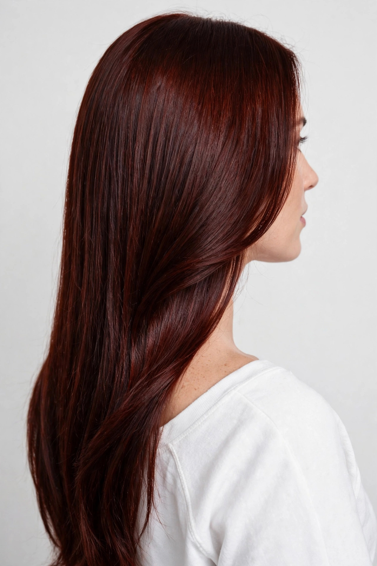 dark auburn mahogany hair in a sleek long style, bright studio, plain light background, over-the-shoulder angle