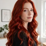 long wavy classic cherry red hair, bright modern room with white walls, black top, three-quarter view
