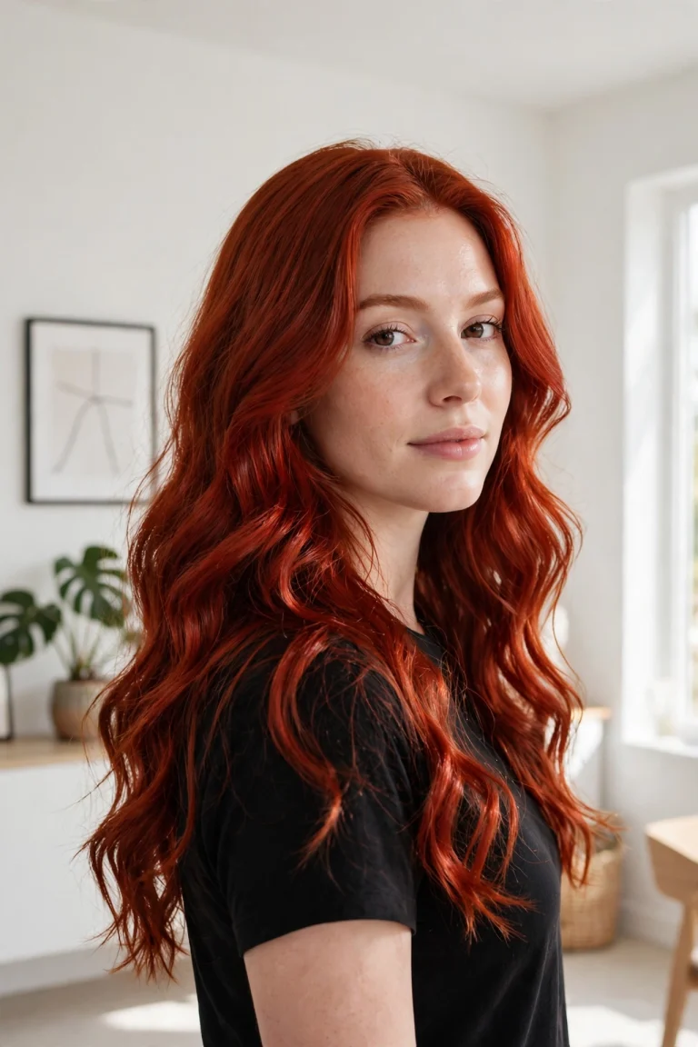 long wavy classic cherry red hair, bright modern room with white walls, black top, three-quarter view
