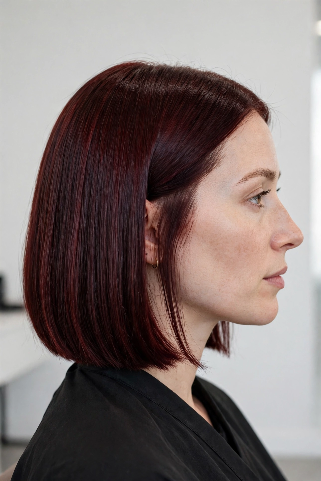 dark cherry bob, sleek straight hair, bright salon-like studio, plain light background, side profile