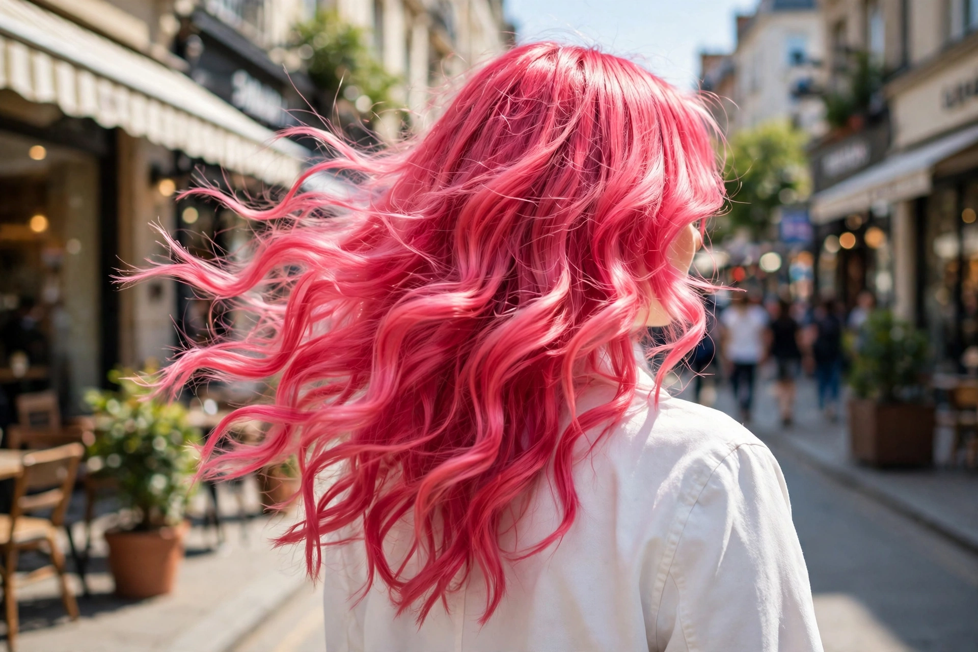 bright candy cherry hair in loose waves outdoors on a bright city street, white jacket, back three-quarter angle