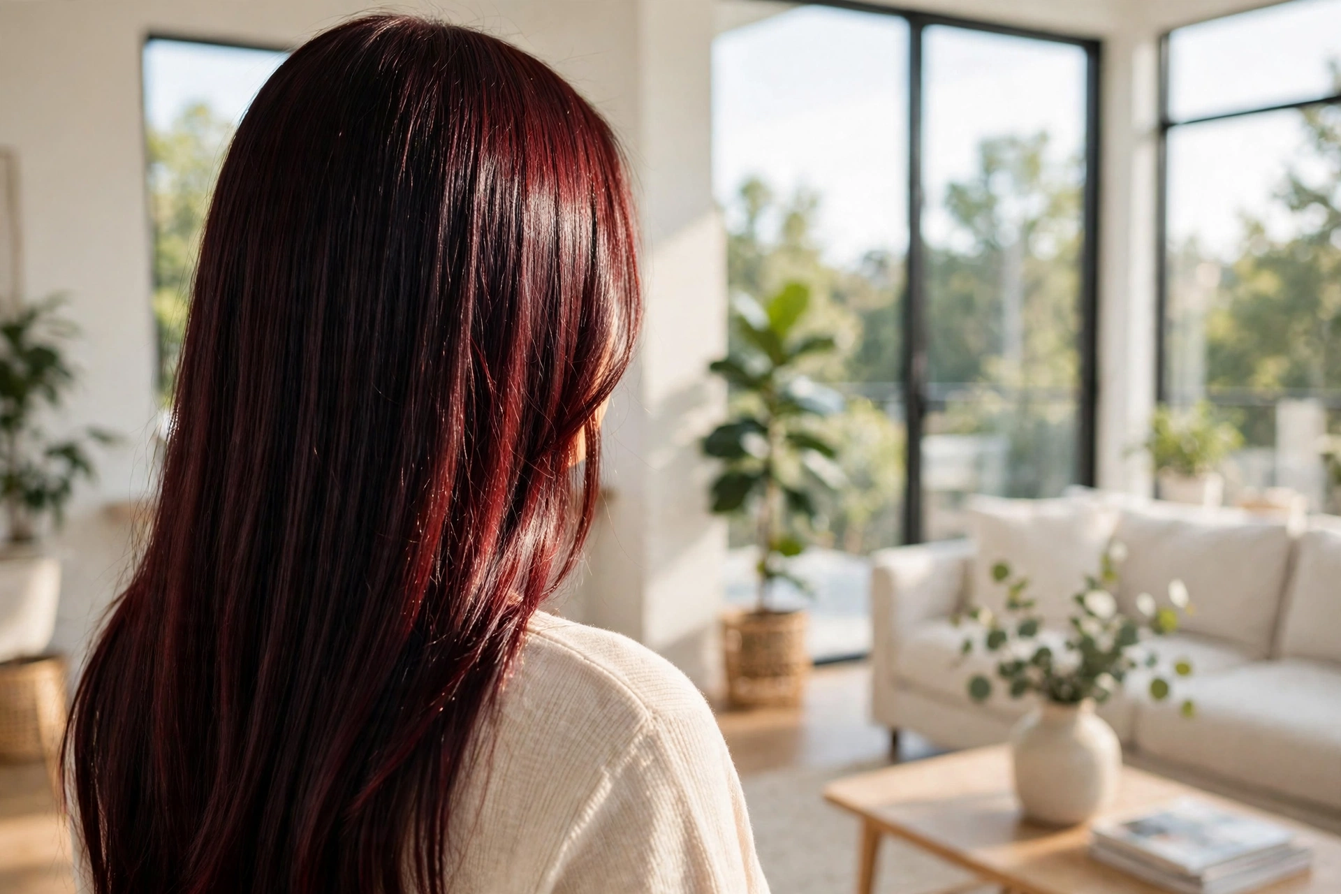 deep black cherry hair in a long smooth style near a large bright window, over-the-shoulder angle