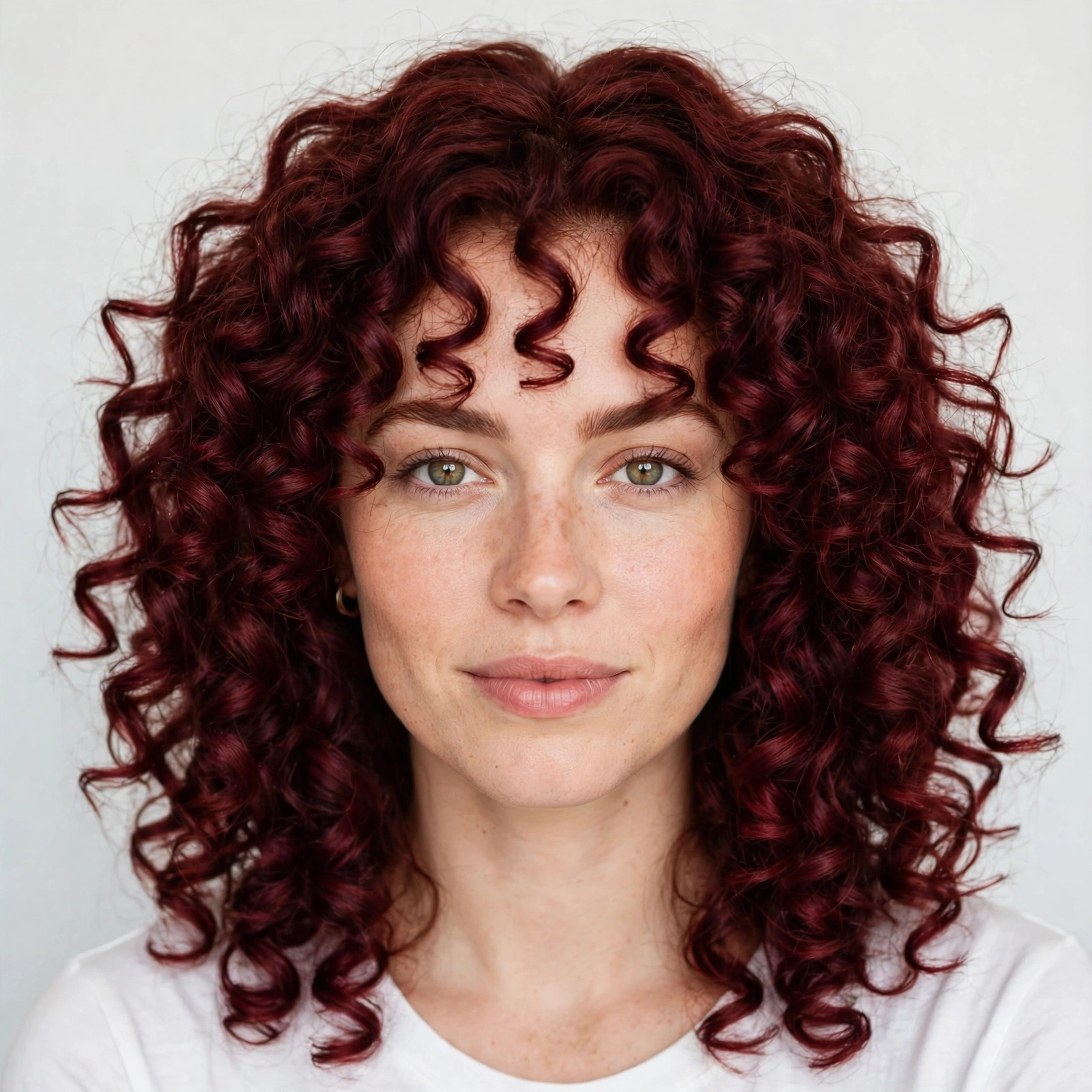 cherry velvet curls, bright studio, soft even lighting, plain light background, front-facing portrait