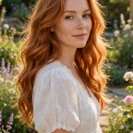 long wavy classic soft ginger copper hair, bright sunlit garden, soft white dress, three-quarter view