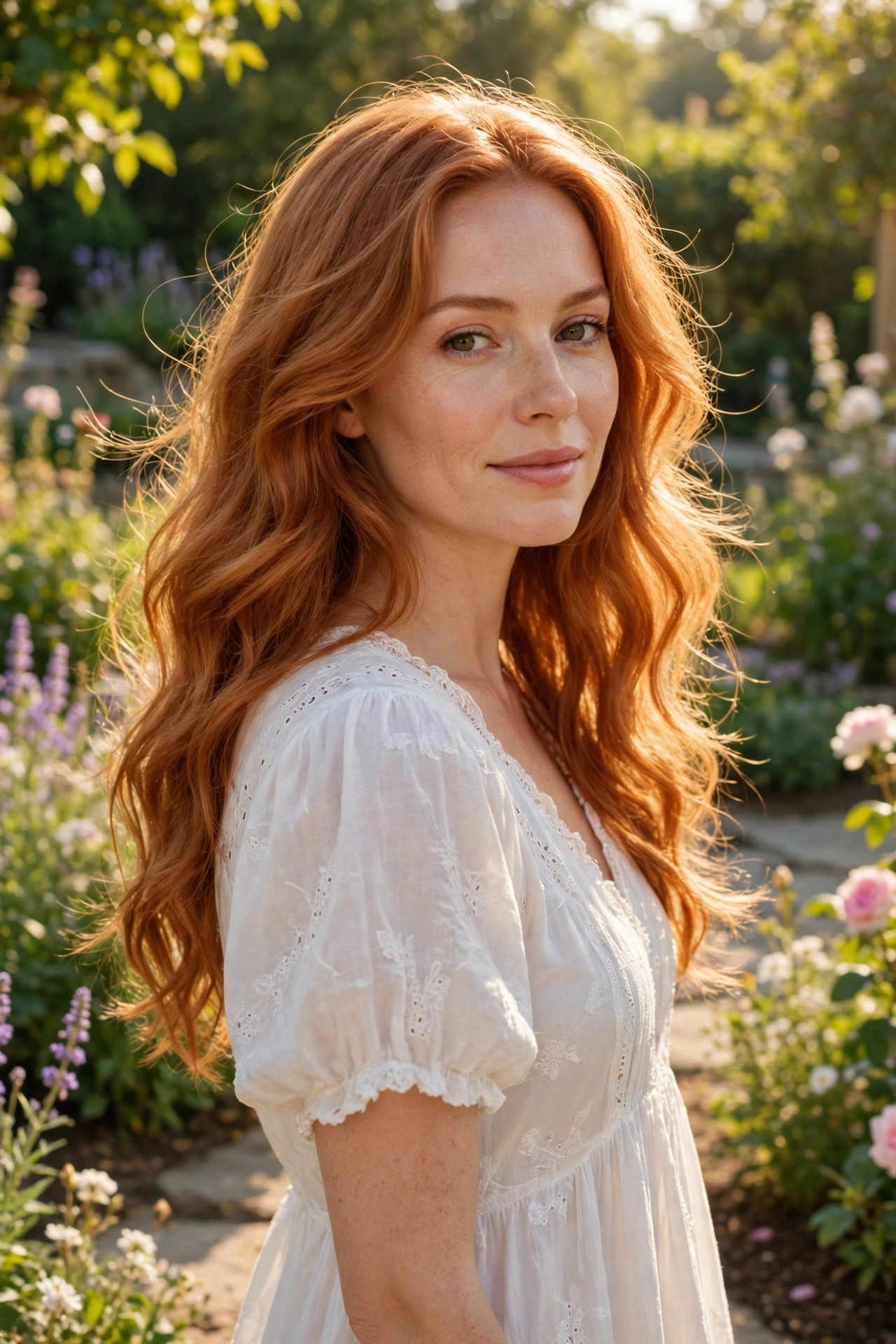 long wavy classic soft ginger copper hair, bright sunlit garden, soft white dress, three-quarter view