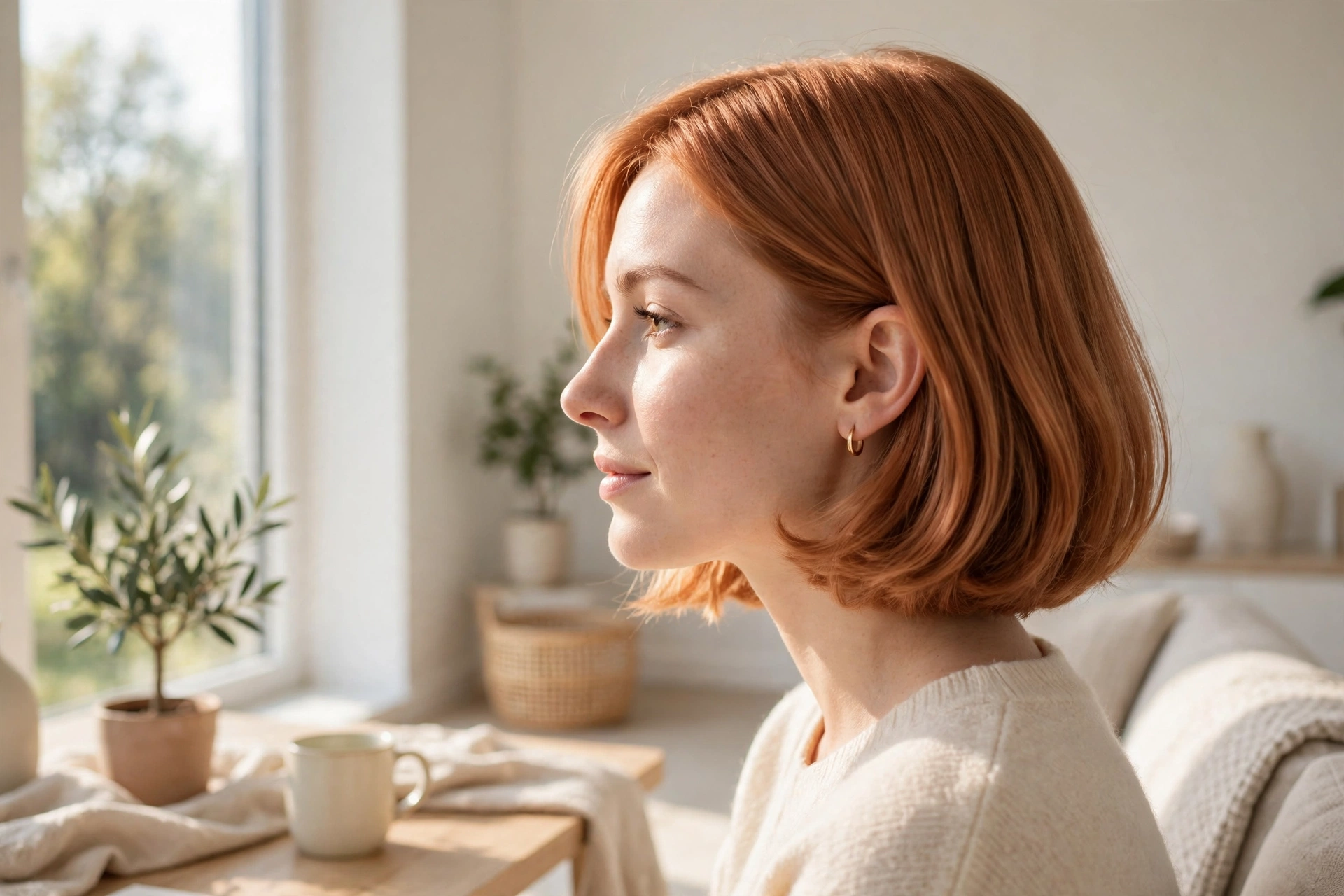 soft ginger copper bob, smooth hair with a slight bend, bright modern living room near a window, side view