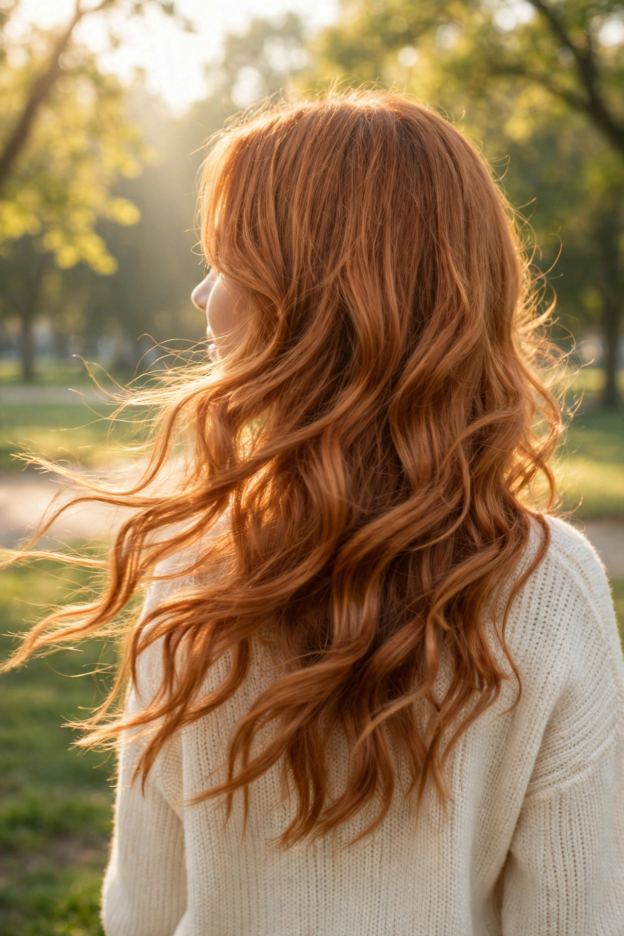 golden ginger copper hair in loose waves outdoors in a bright park in soft morning light, cream sweater, back three-quarter angle