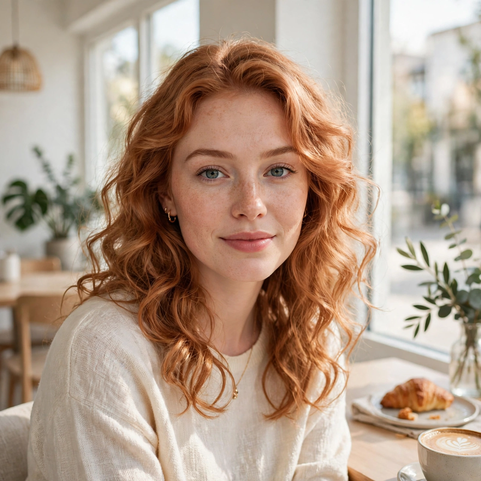 light ginger copper glow hair in soft curls, bright café by a window, front-facing portrait