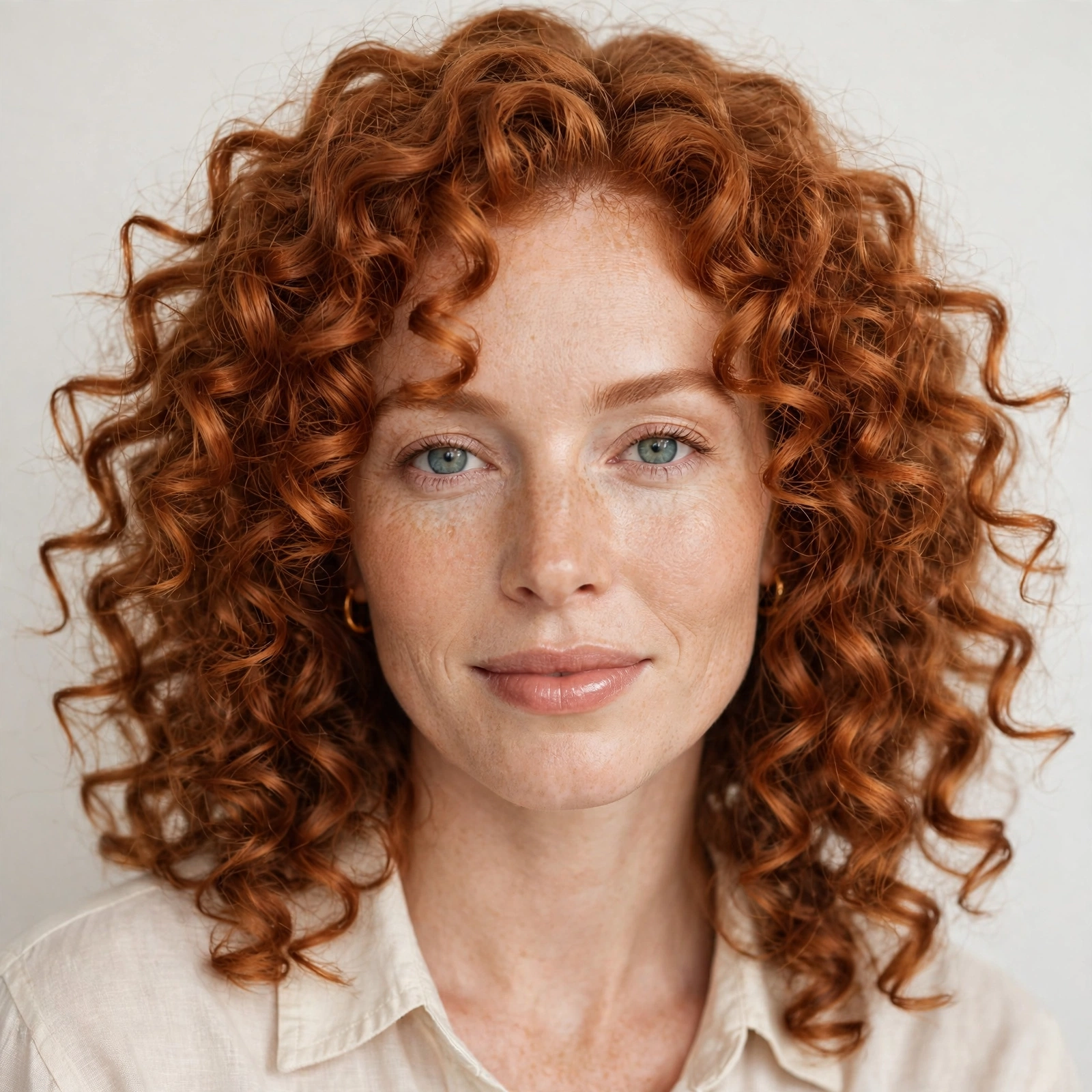 ginger copper curls, bright studio, soft even lighting, plain light background, front-facing portrait