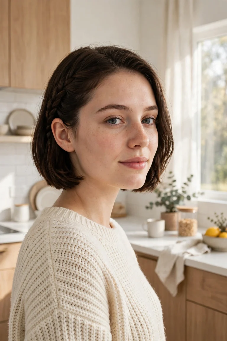 chin-length dark brown braided bob, neat side braid swept back, bright modern kitchen, cream knit sweater, three-quarter front angle