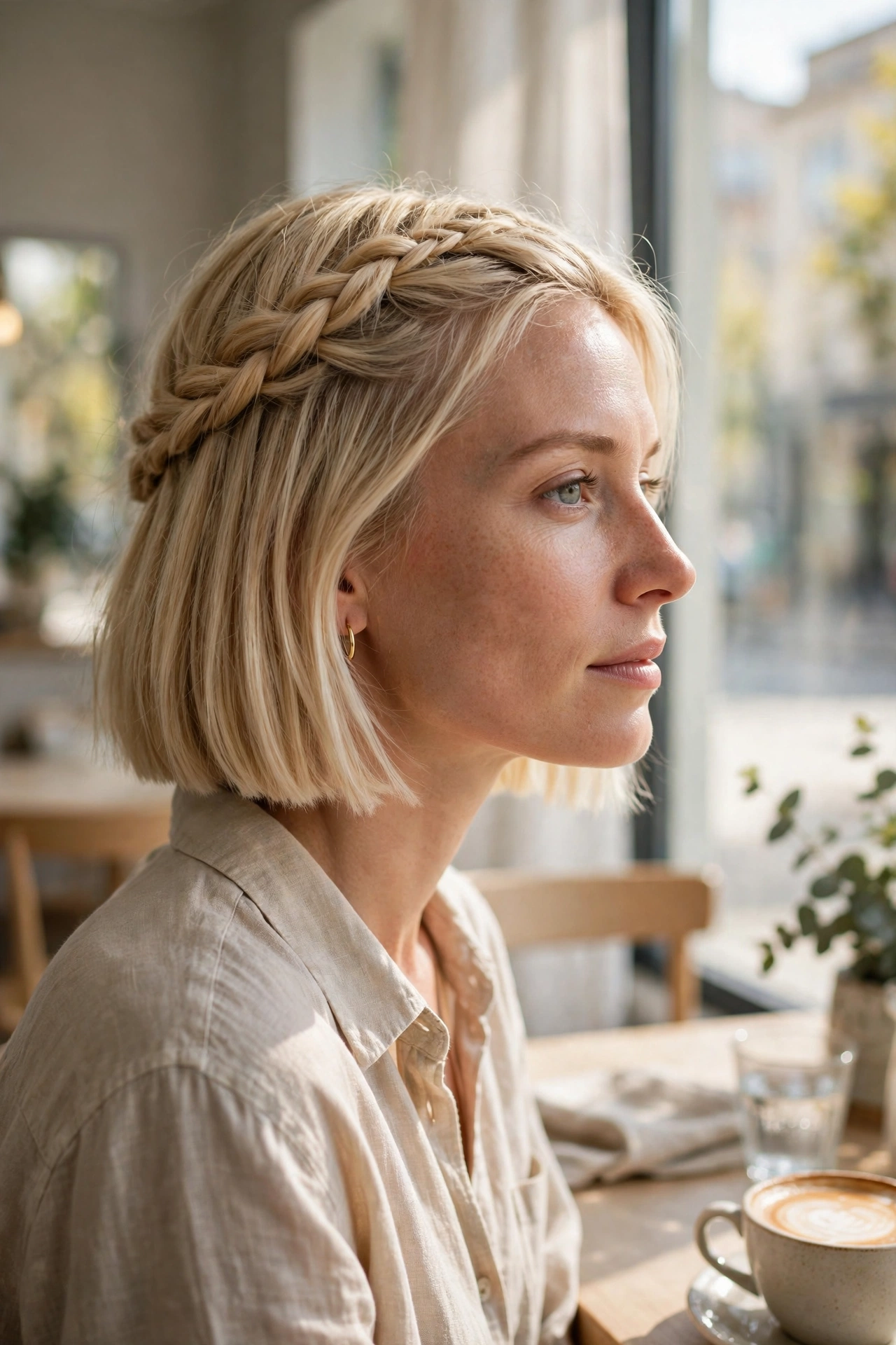 blunt blonde bob, loose crown braid across the top, sunny café by a window, side view