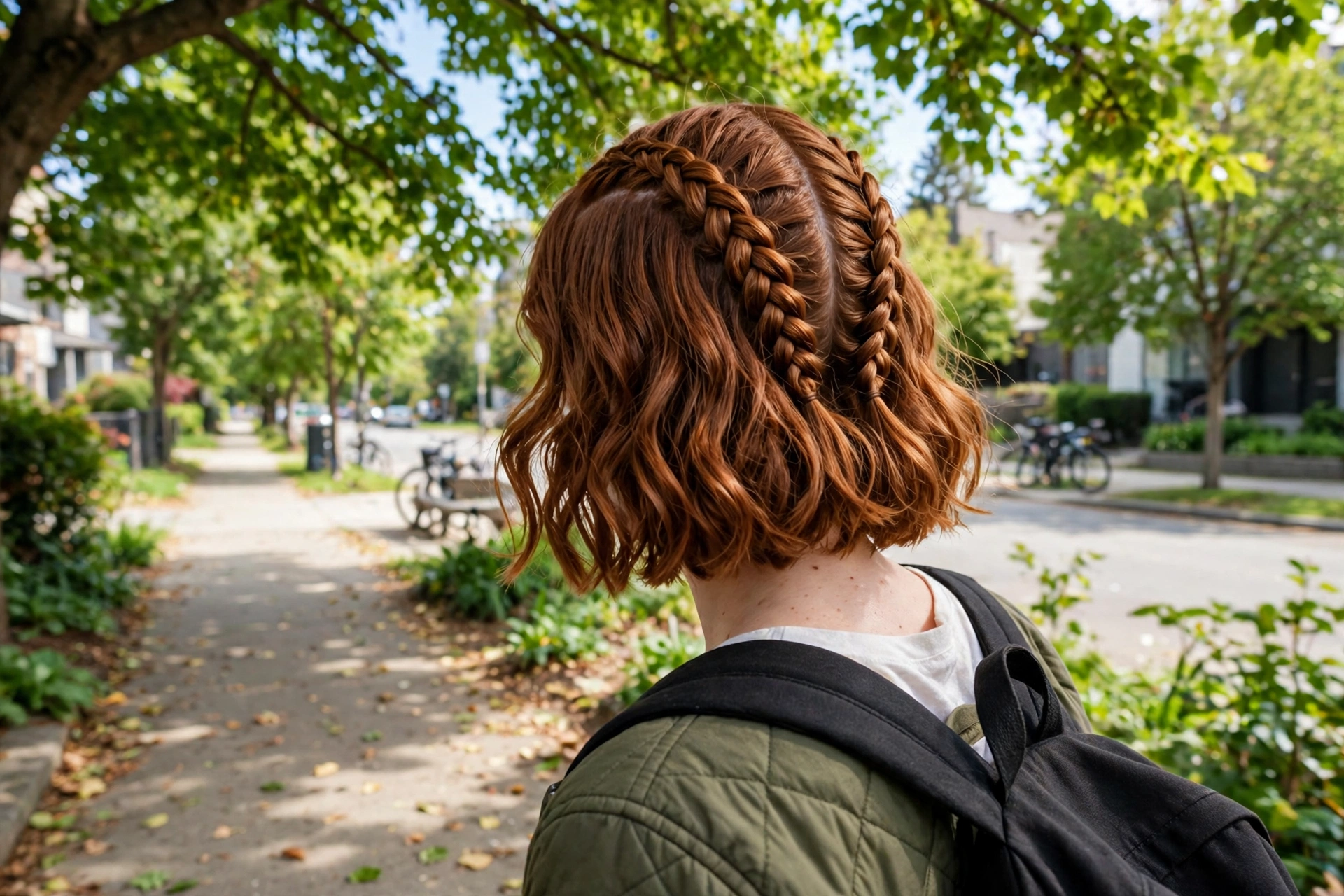 wavy auburn bob, two French braids from hairline toward nape, leafy sidewalk, back angle