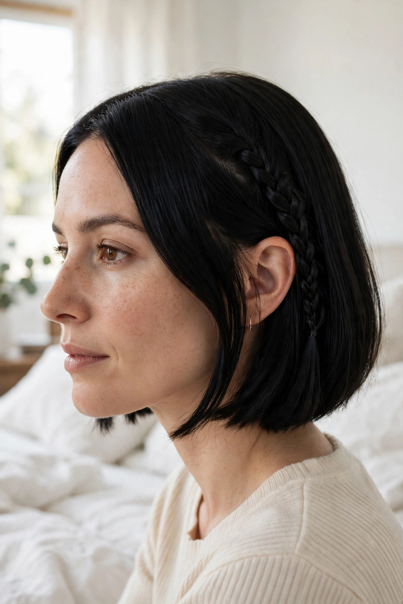 close-up, black bob, small fishtail braid along one side, bright bedroom with white bedding, close side angle