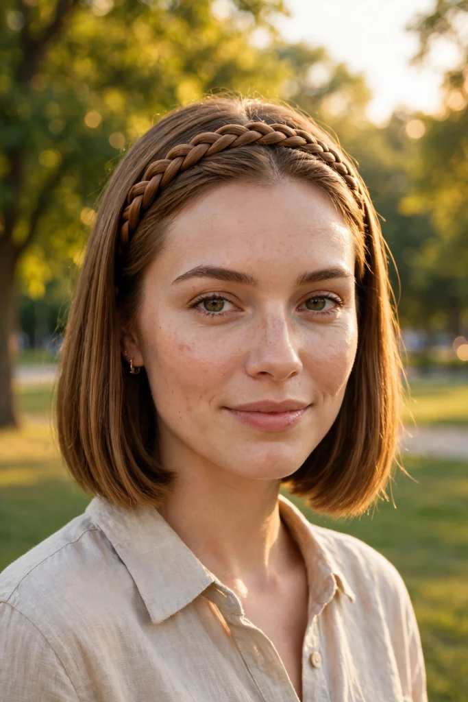straight caramel-brown bob, headband braid across the hairline, bright park in golden afternoon light, front view