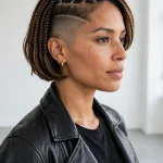 bob-length braided top, sharp high fade with a shaved line, bright modern studio, black leather jacket, three-quarter side angle