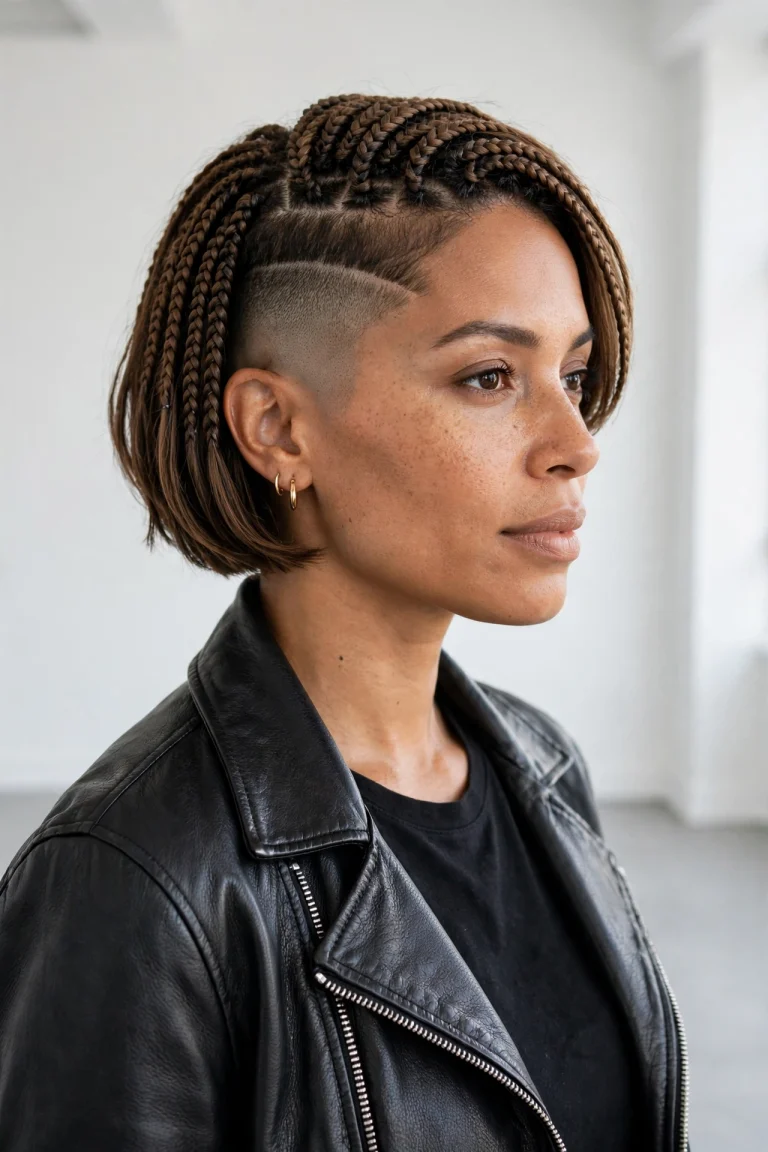bob-length braided top, sharp high fade with a shaved line, bright modern studio, black leather jacket, three-quarter side angle