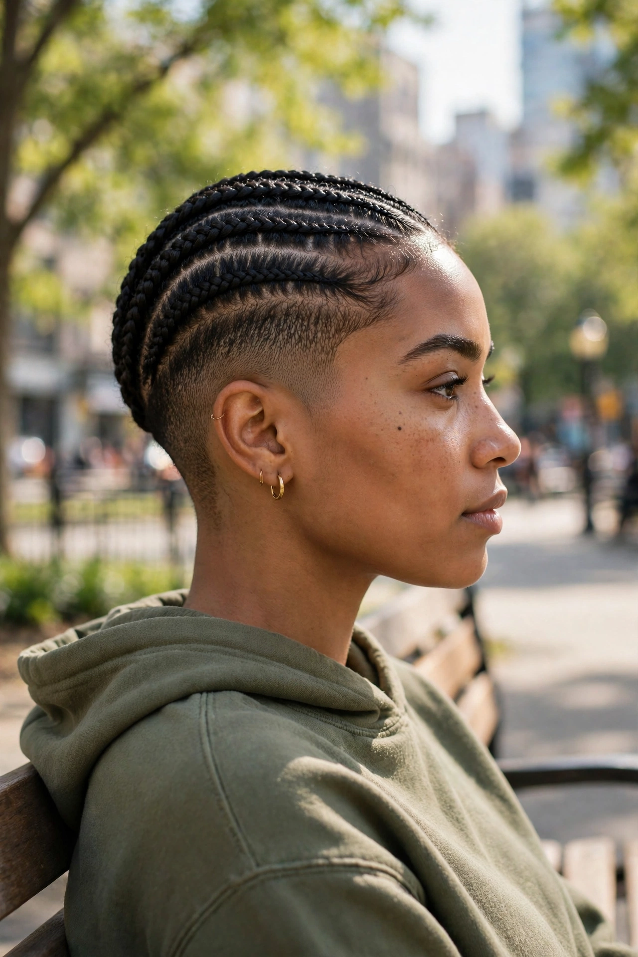 neat cornrows on top, low taper fade, sunny urban park, side view showing fade contrast