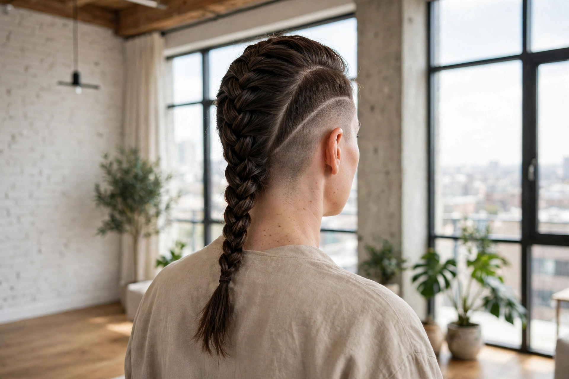 braided mohawk down the center, faded sides, bright loft with large windows, back angle