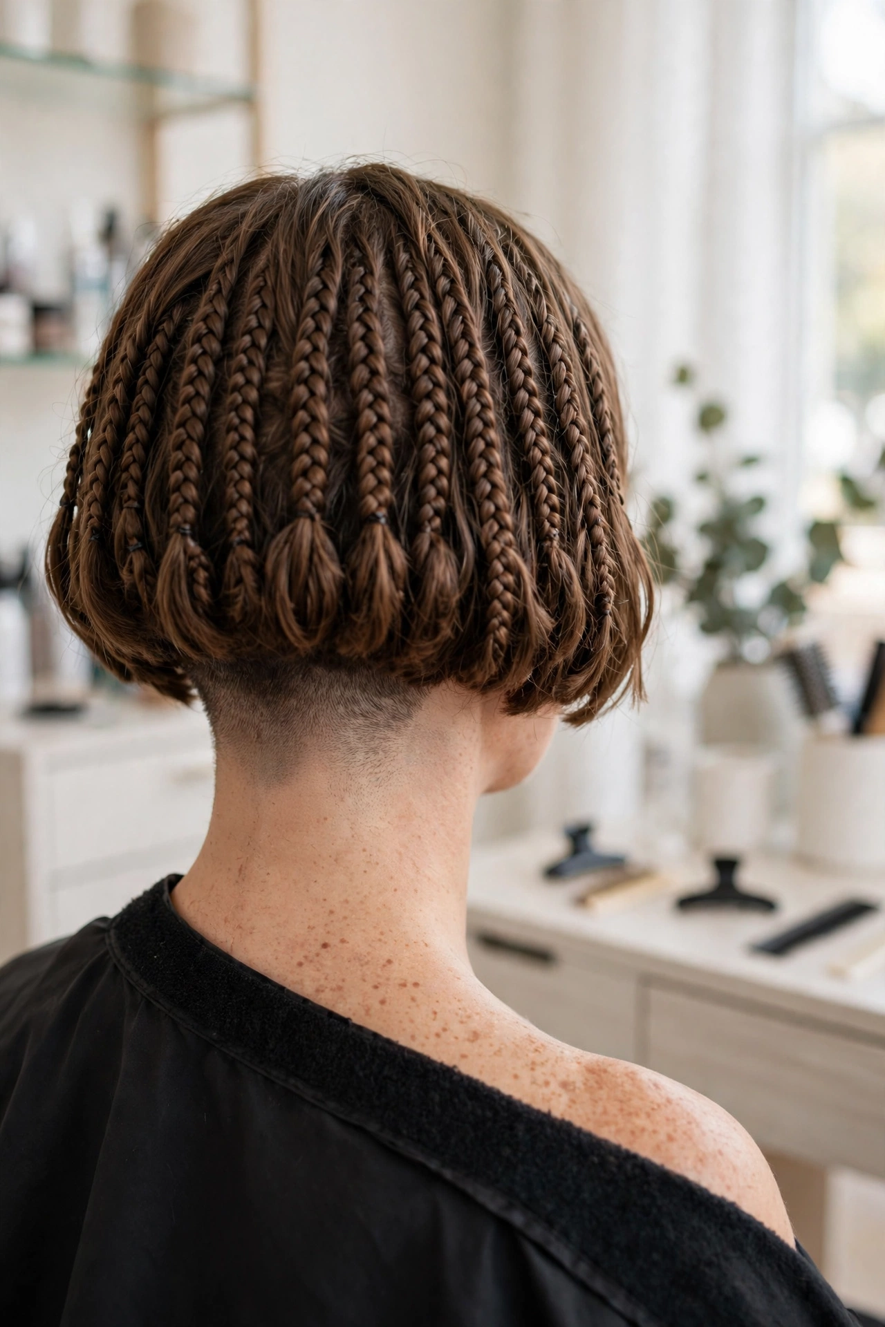 close-up, braided bob with faded nape, bright salon setting, back view