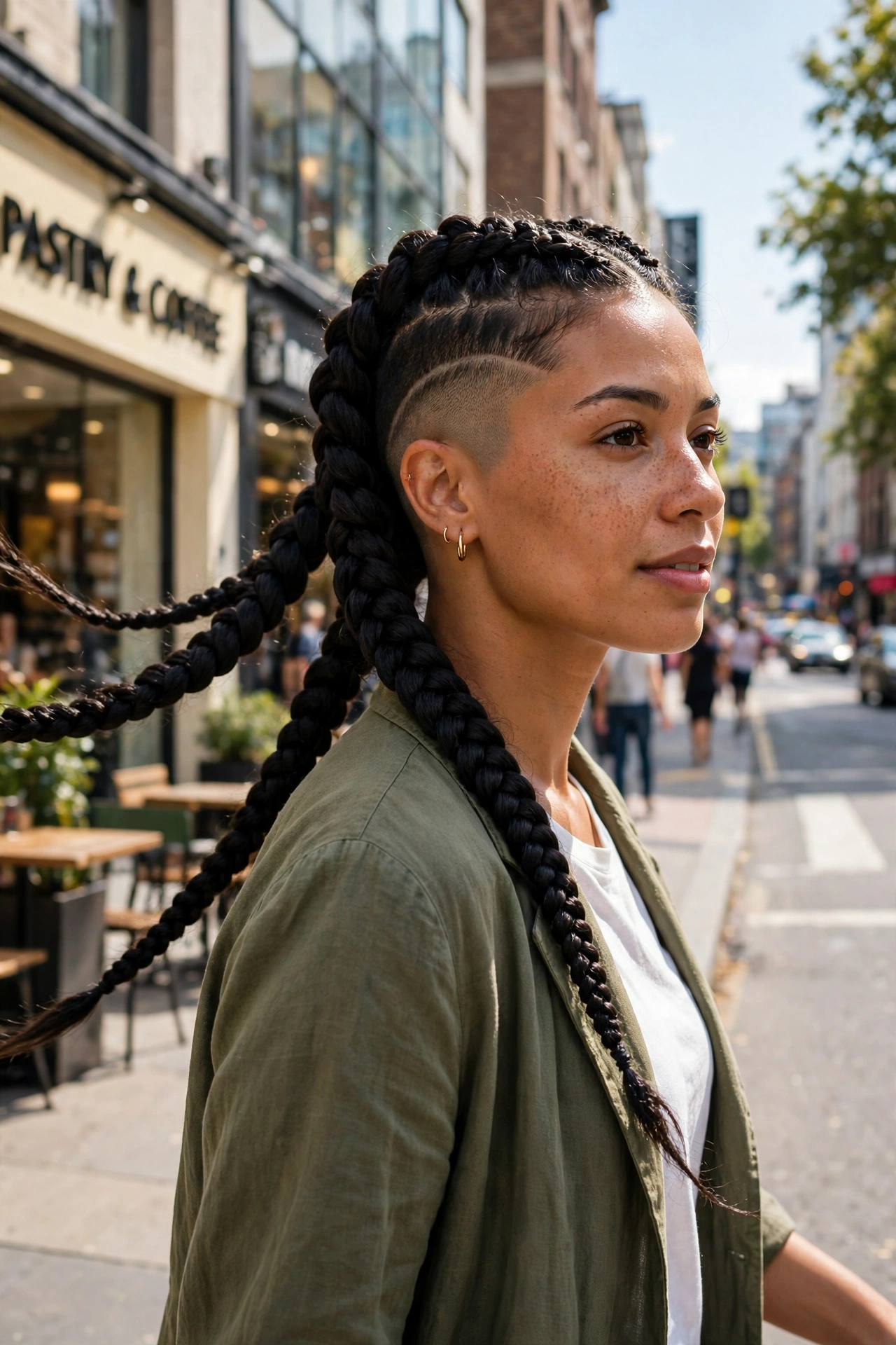 side-swept chunky braids, mid fade with shaved line on one side, bright city street, three-quarter front angle