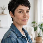 short dark pixie, neat side braid swept back, bright modern apartment, denim jacket, three-quarter front angle