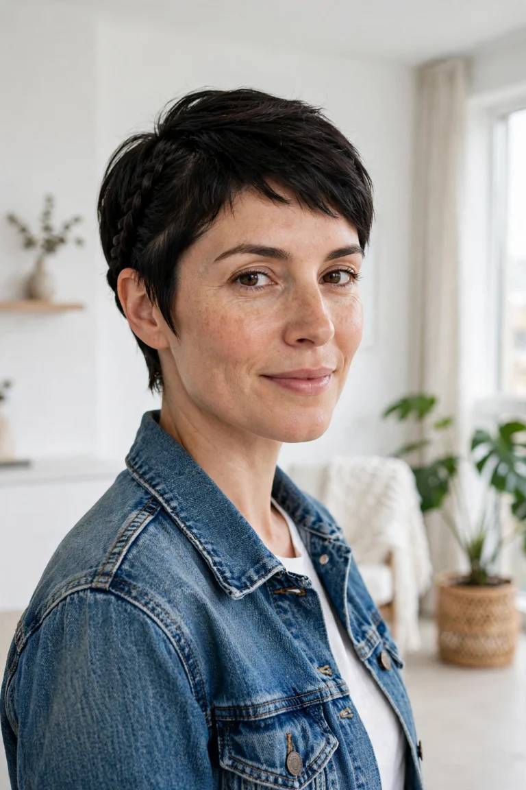 short dark pixie, neat side braid swept back, bright modern apartment, denim jacket, three-quarter front angle