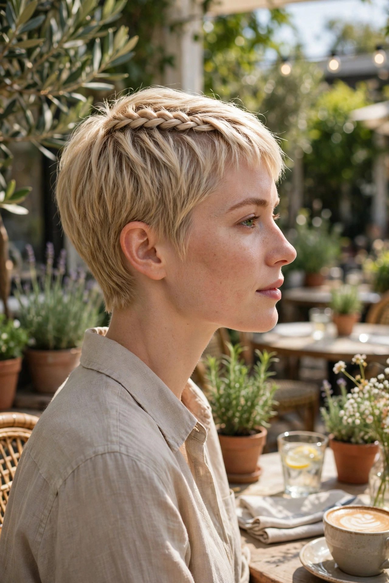blonde pixie, small crown braid across the top, sunny garden café, side view