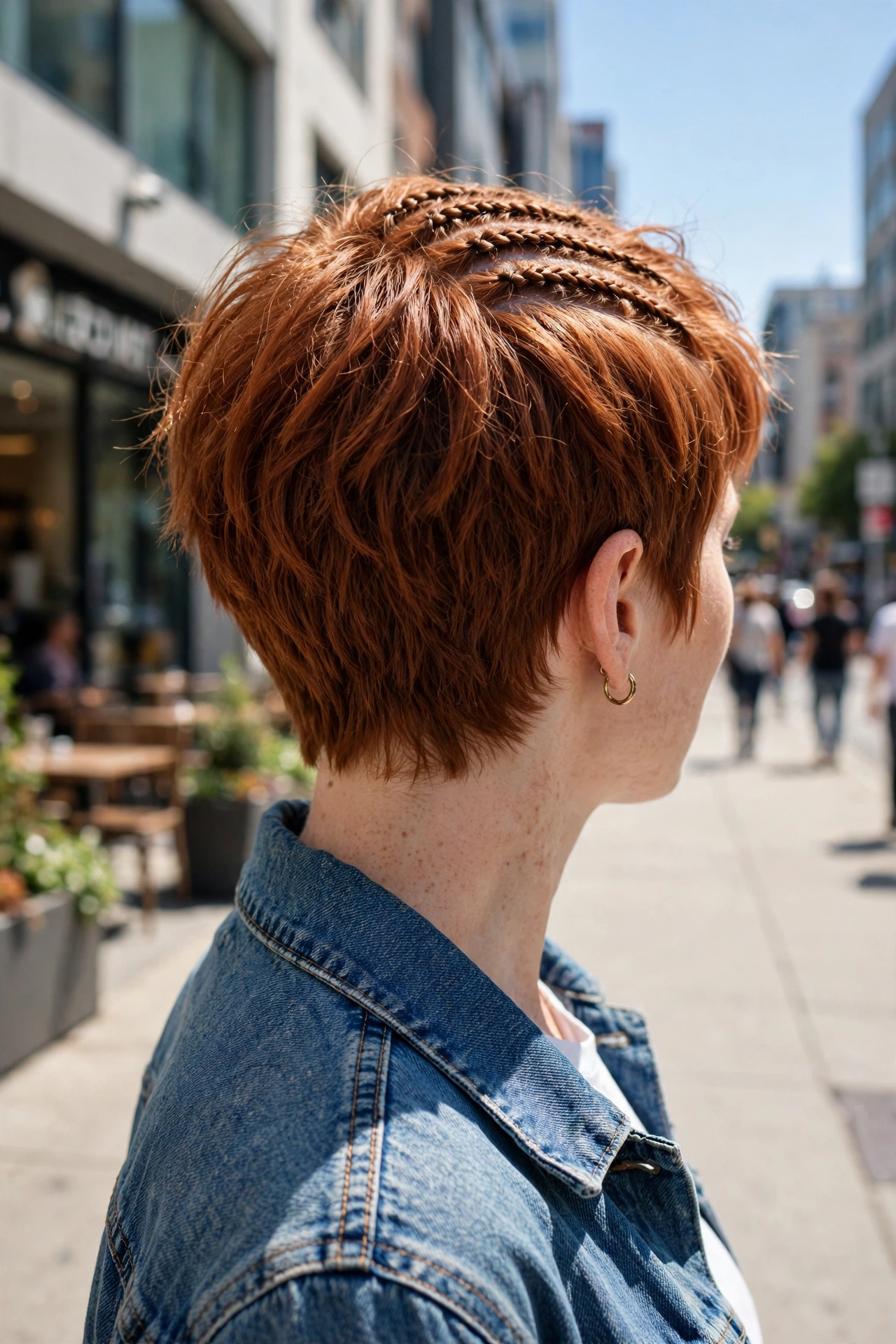 textured auburn pixie, tiny cornrows across the crown, bright city sidewalk, three-quarter back angle