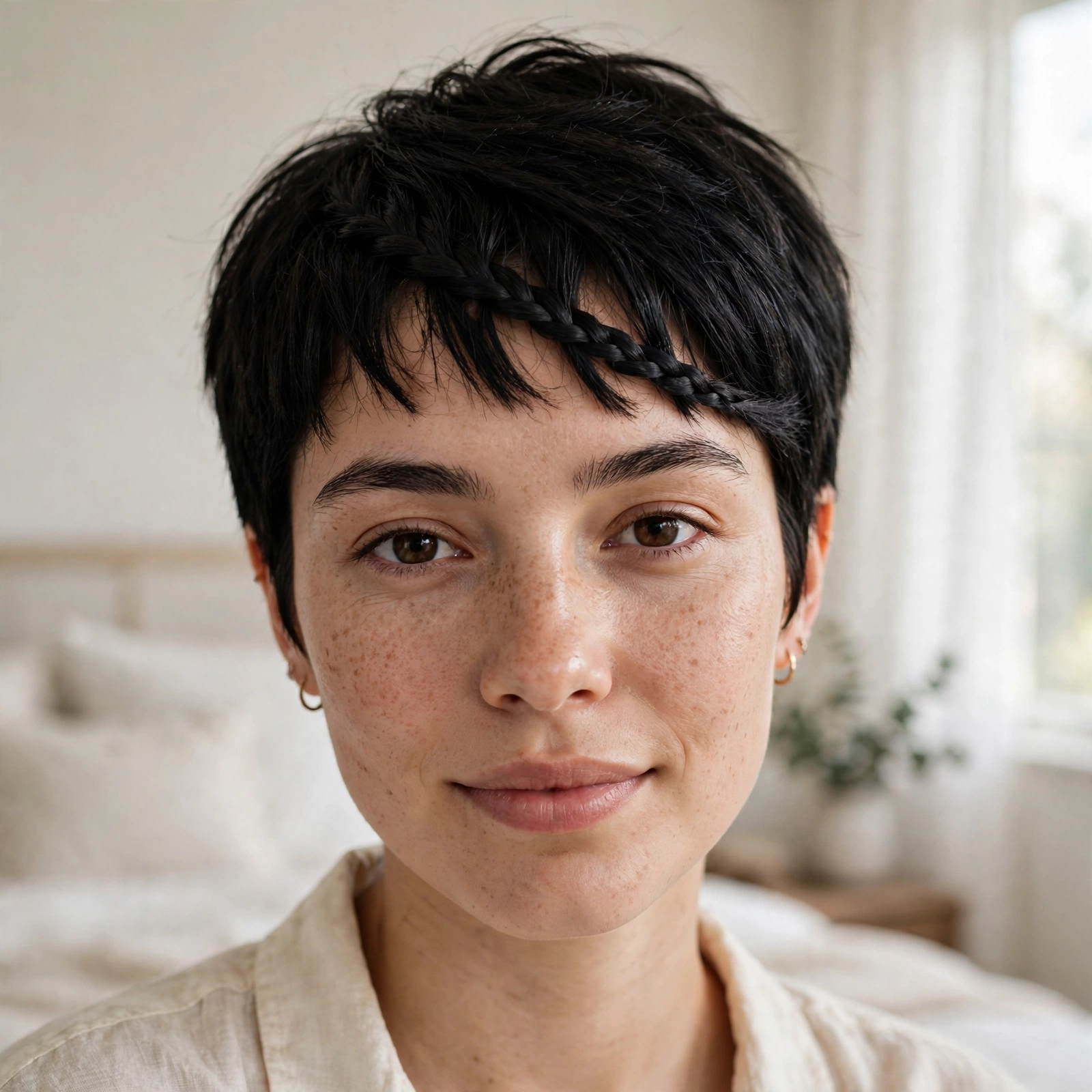 close-up, black pixie, braided fringe across the forehead, bright bedroom, close front angle
