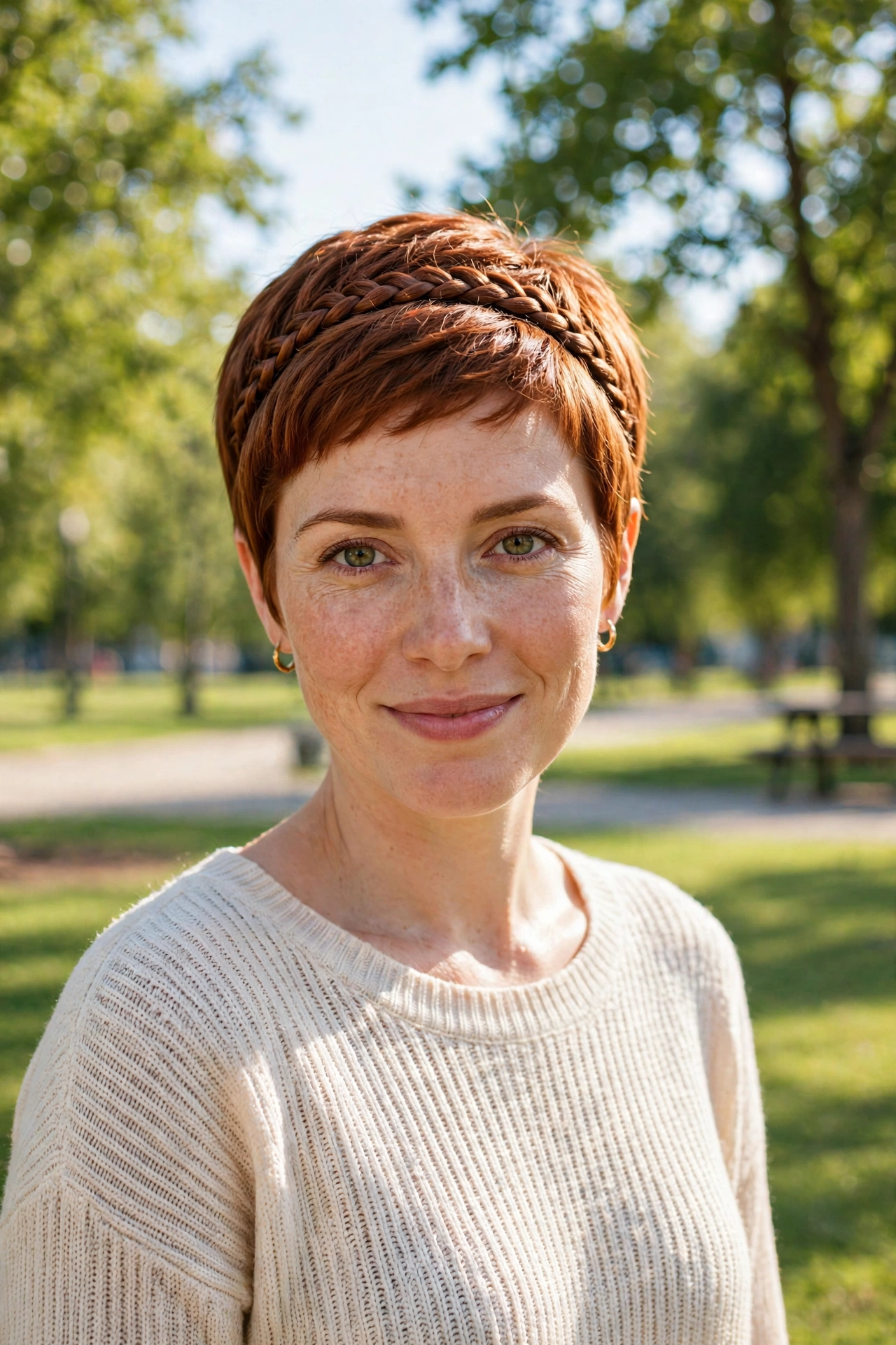 copper-brown pixie, headband braid across the hairline, bright park in afternoon light, front view