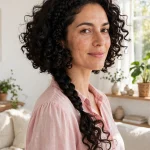 bouncy curly braided bob, loose side braid with voluminous dark curls, bright sunlit living room, soft pink blouse, three-quarter front angle
