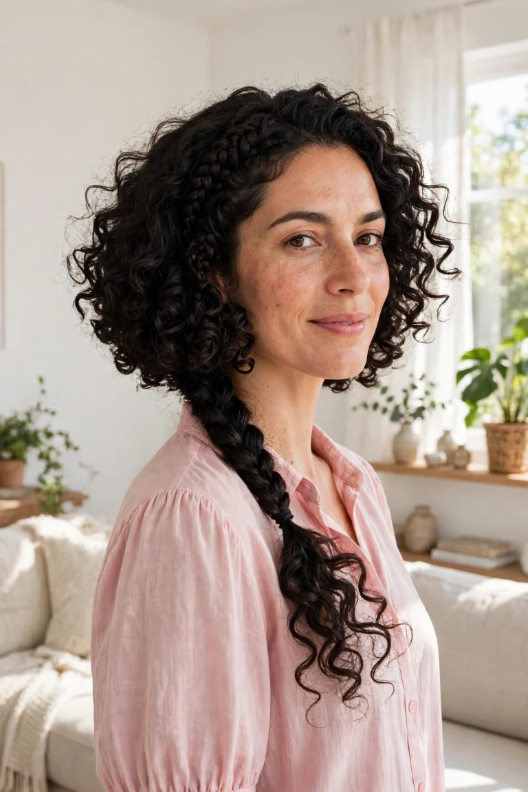 bouncy curly braided bob, loose side braid with voluminous dark curls, bright sunlit living room, soft pink blouse, three-quarter front angle