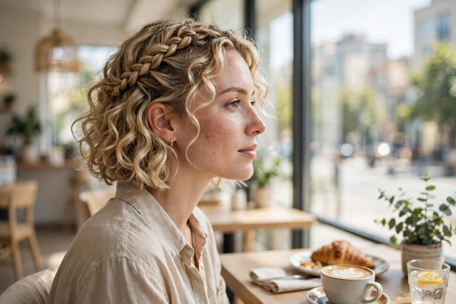 curly blonde bob, loose crown braid across the top, sunny café by a large window, side view