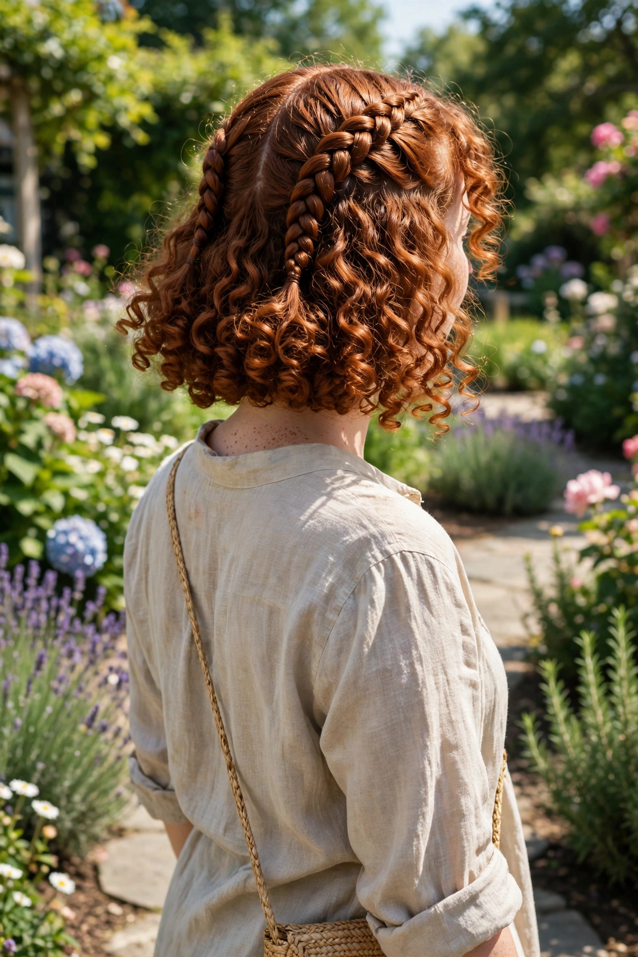 tight auburn coils, two French braids releasing into curls, bright garden, back angle
