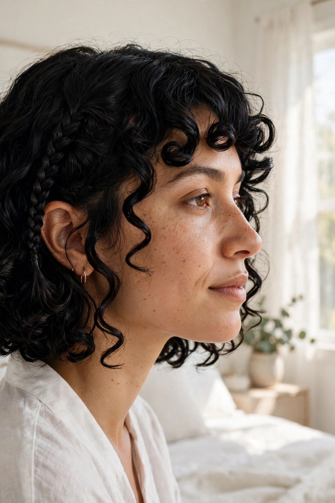 close-up, black curly bob, small fishtail braid on one side with defined ringlets, bright bedroom, close side angle