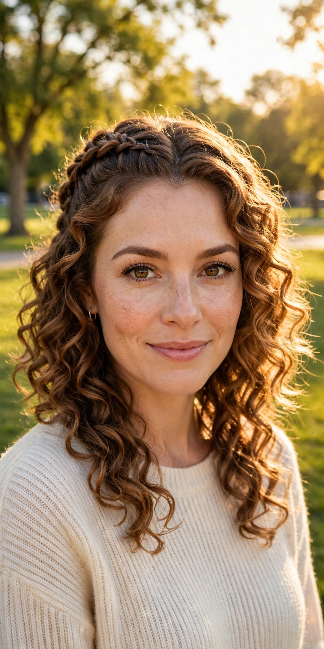 caramel-brown curly bob, half-up braid with curls falling free, bright park in golden afternoon light, front view