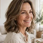 early-fifties woman, shoulder-length layered cut, soft natural waves, face-framing shape, bright airy living room, three-quarter angle