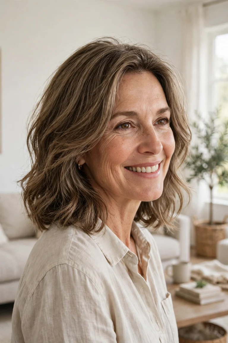 early-fifties woman, shoulder-length layered cut, soft natural waves, face-framing shape, bright airy living room, three-quarter angle