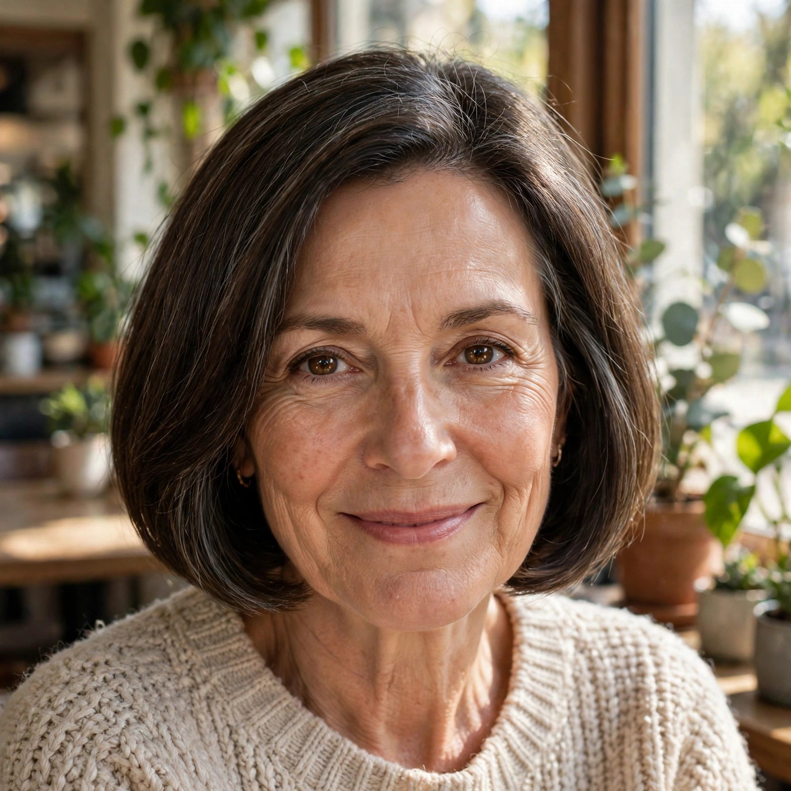 late-fifties woman, soft graduated bob, polished ends, sunlit café near window, straight-on