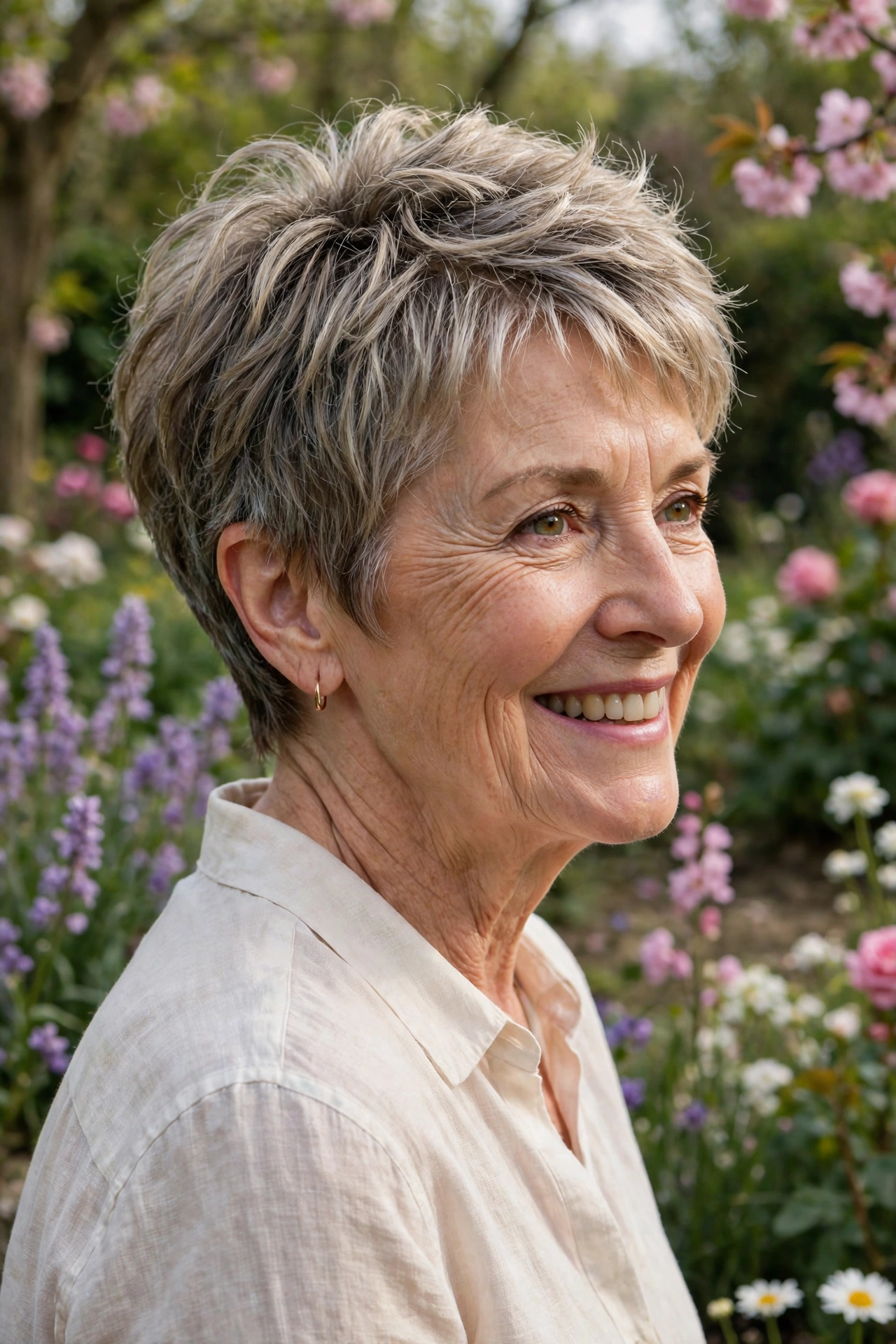 early-fifties woman, textured pixie with crown volume, light blouse, blooming garden, slight side angle