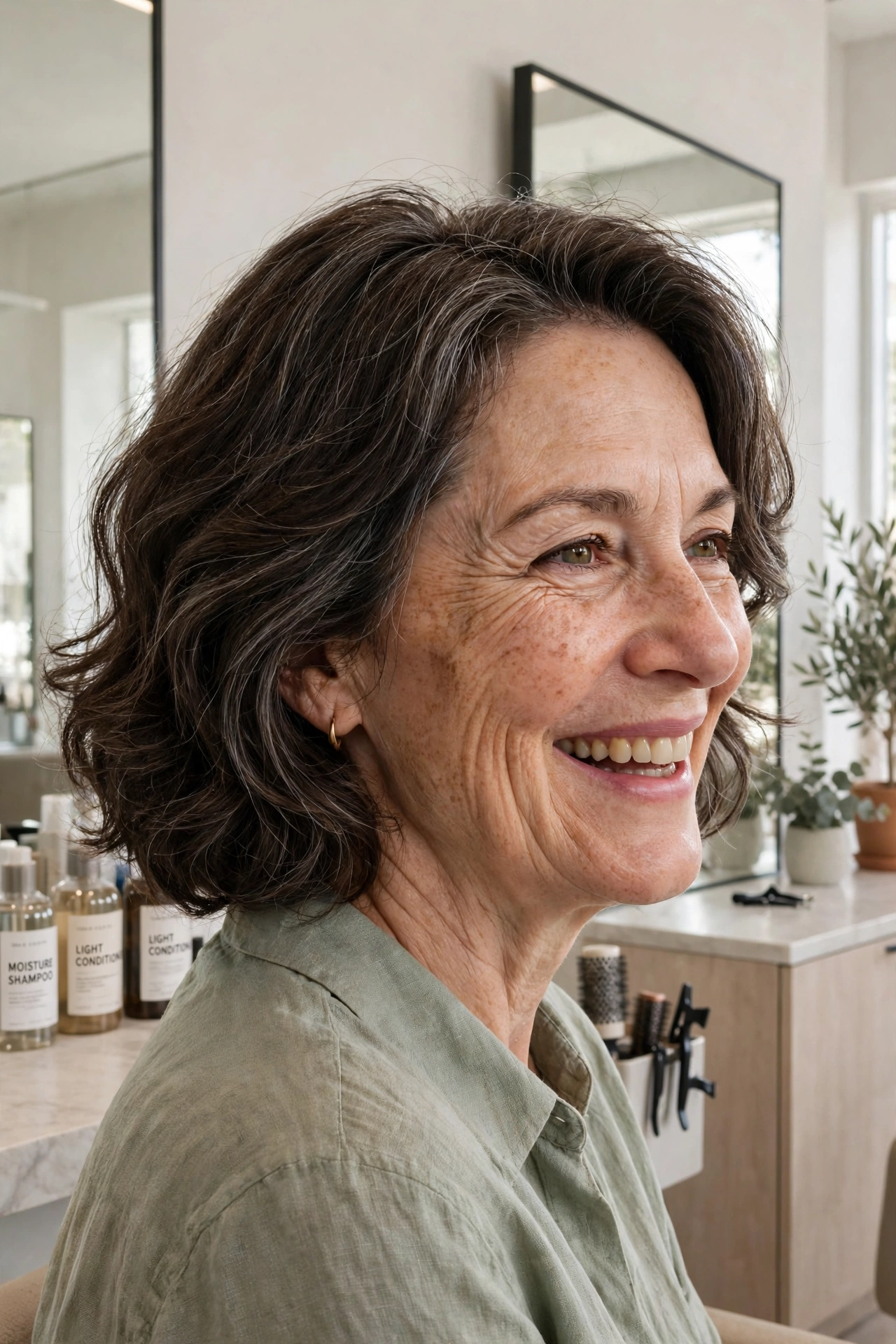 mid-fifties woman, rounded lob with gentle waves, laughing softly, bright modern salon, three-quarter angle