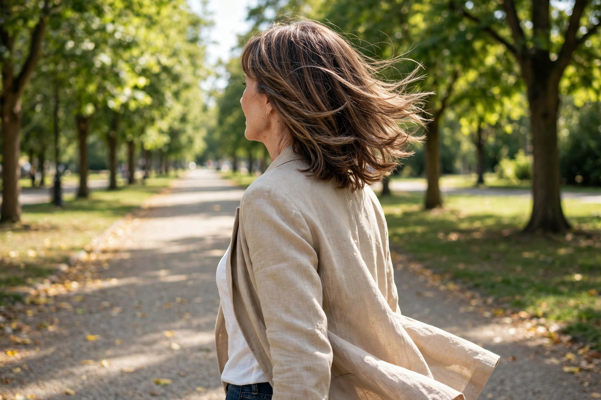 late-fifties woman, collarbone-length cut with feathered ends, sunny park path, from behind at three-quarter angle